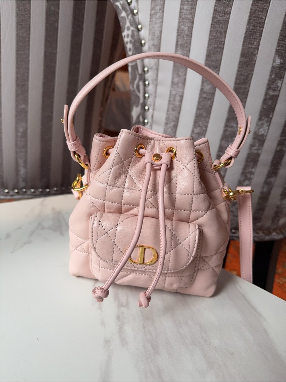 Pink Quilted Drawstring Bucket Bag with Gold Hardware